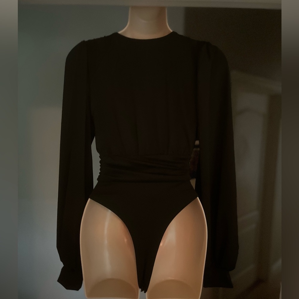 Women's Black Deep V Long Sleeve Bodysuit - Picture 3 of 11